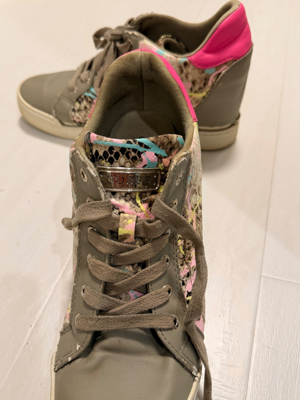 Guess Taupe Sneakers with Pink Heel and Multicolor Snake-Print